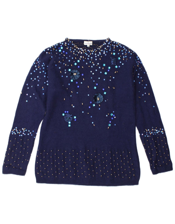 Fiorucci Womens Boat Neck Jumper Sweater UK 14 Medium Navy Blue Spotted