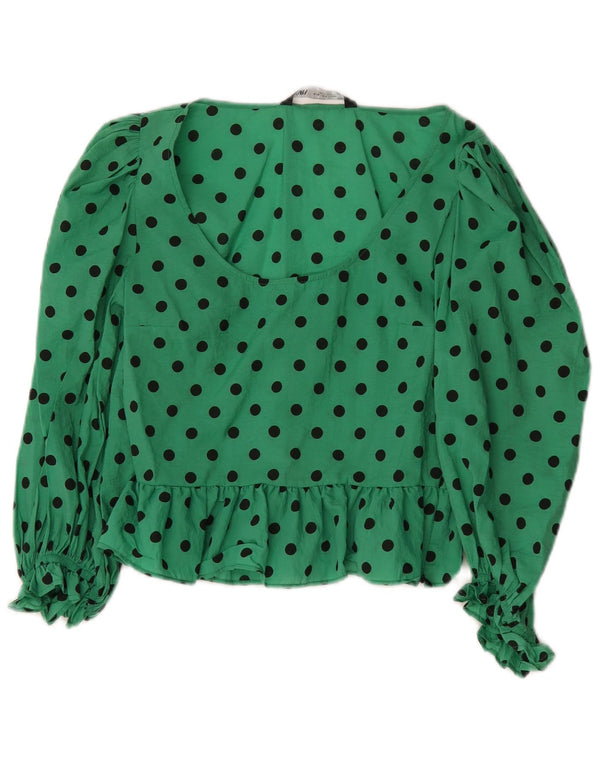 Zara Womens Long Sleeve Blouse Top UK 10 Small Green Polka Dot