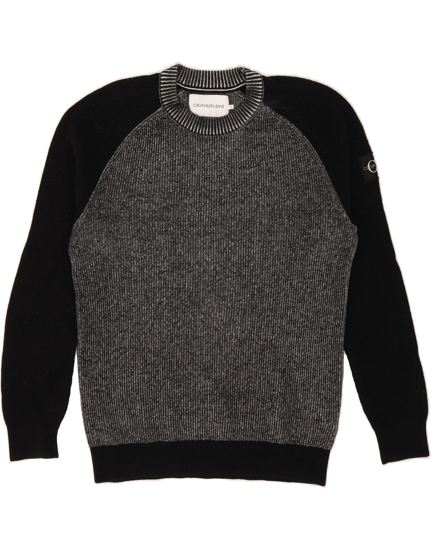 CALVIN KLEIN Mens Crew Neck Jumper Sweater Medium Grey Colourblock Cotton Vintage Calvin Klein and Second-Hand Calvin Klein from Messina Hembry 