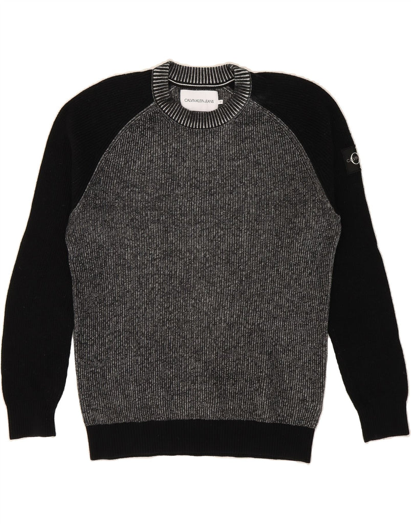 CALVIN KLEIN Mens Crew Neck Jumper Sweater Medium Grey Colourblock Cotton Vintage Calvin Klein and Second-Hand Calvin Klein from Messina Hembry 