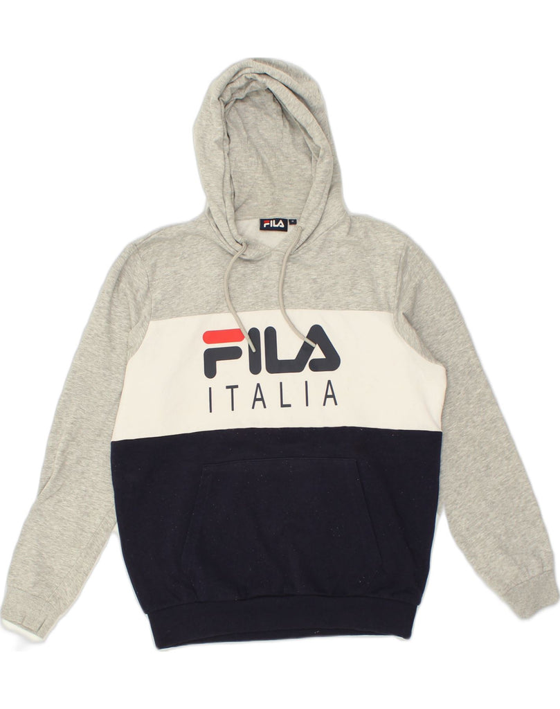 FILA Mens Graphic Hoodie Jumper Medium Navy Blue Colourblock Cotton | Vintage Fila | Thrift | Second-Hand Fila | Used Clothing | Messina Hembry 