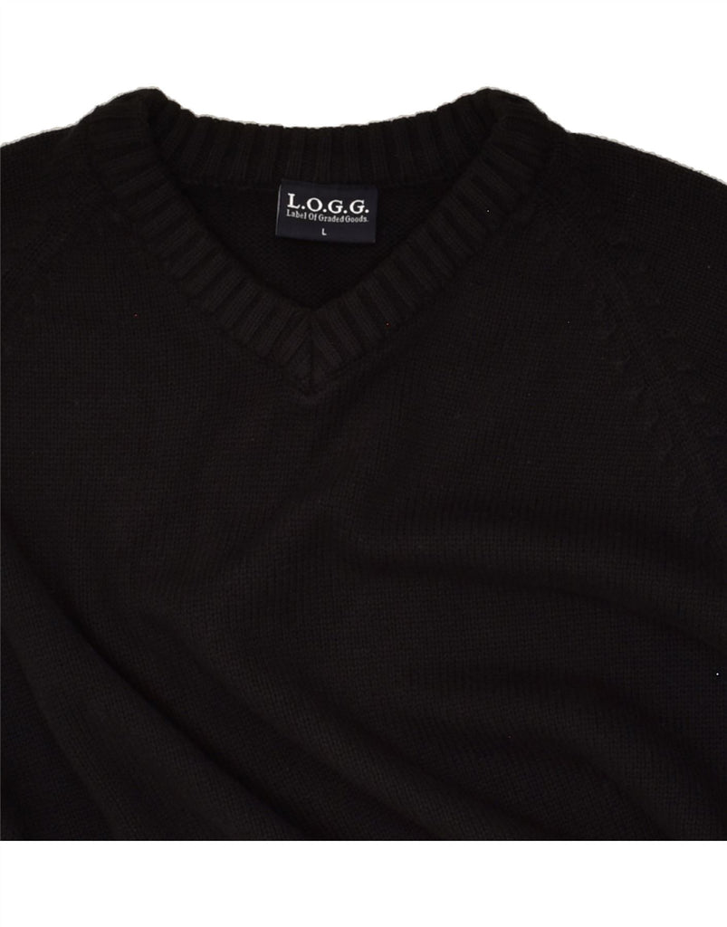 L.O.G.G Mens V-Neck Jumper Sweater Large Black Cotton | Vintage L.O.G.G | Thrift | Second-Hand L.O.G.G | Used Clothing | Messina Hembry 