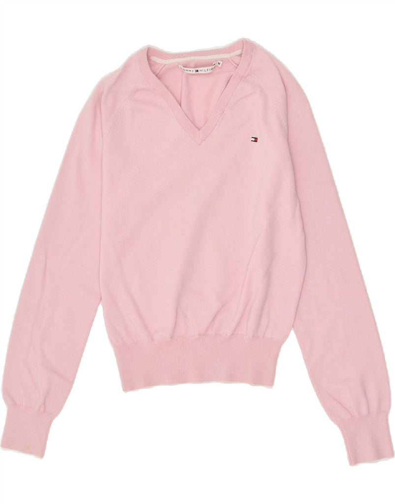 TOMMY HILFIGER Womens Crop V-Neck Jumper Sweater UK 12 Medium Pink Cotton | Vintage Tommy Hilfiger | Thrift | Second-Hand Tommy Hilfiger | Used Clothing | Messina Hembry 
