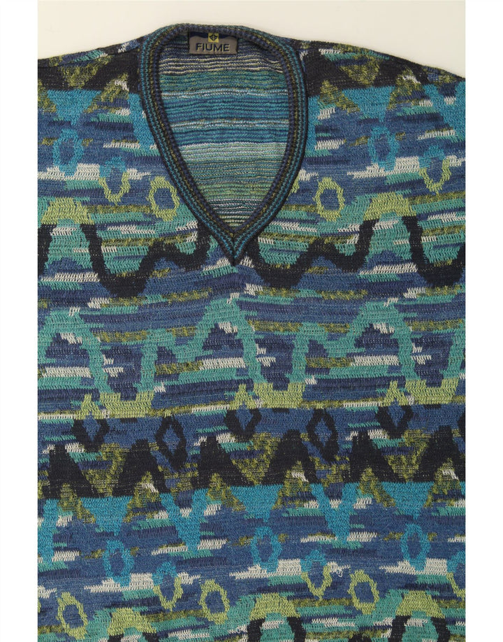 FIUME Mens V-Neck Jumper Sweater IT 52 Large Blue Fair Isle Cotton Vintage Fiume and Second-Hand Fiume from Messina Hembry 