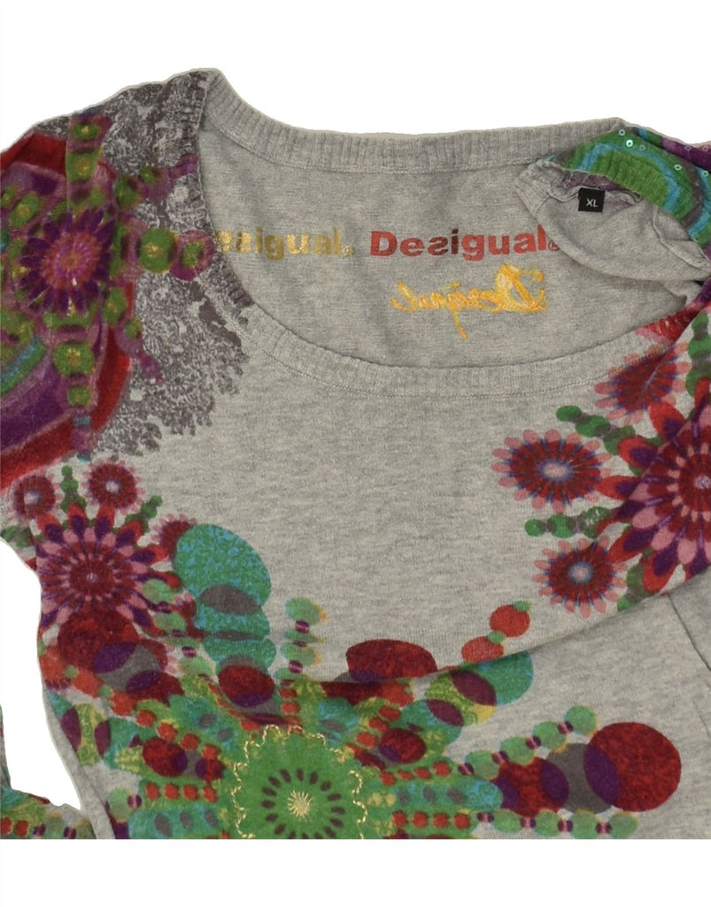 DESIGUAL Womens Slim Fit Boat Neck Jumper Sweater UK 18 XL Grey Floral | Vintage Desigual | Thrift | Second-Hand Desigual | Used Clothing | Messina Hembry 