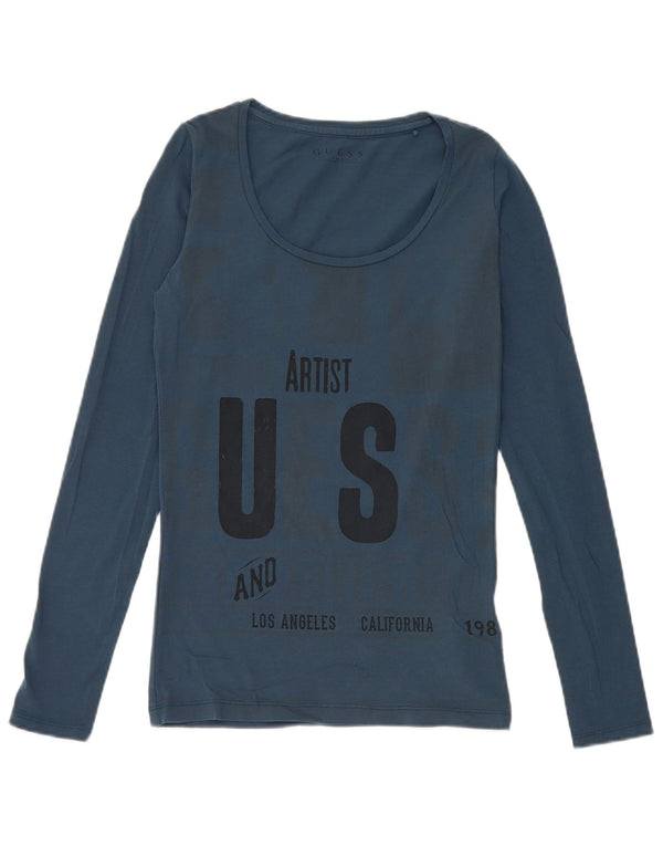 Guess Womens Artist Graphic Top Long Sleeve UK 6 XS Blue Cotton