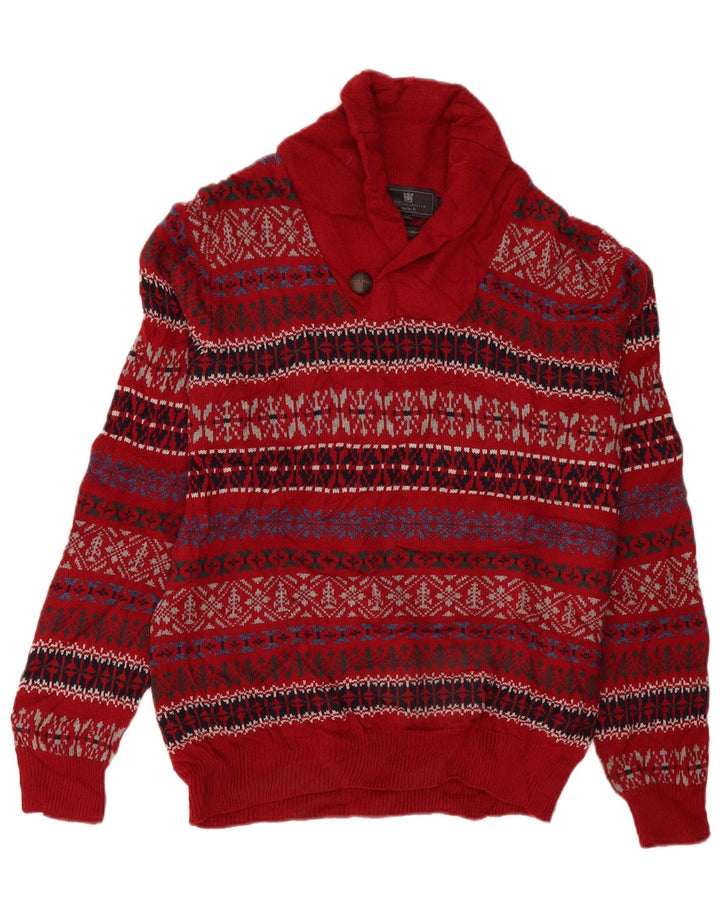 Marks & Spencer Mens Shawl Neck Jumper Sweater Medium Red Fair Isle