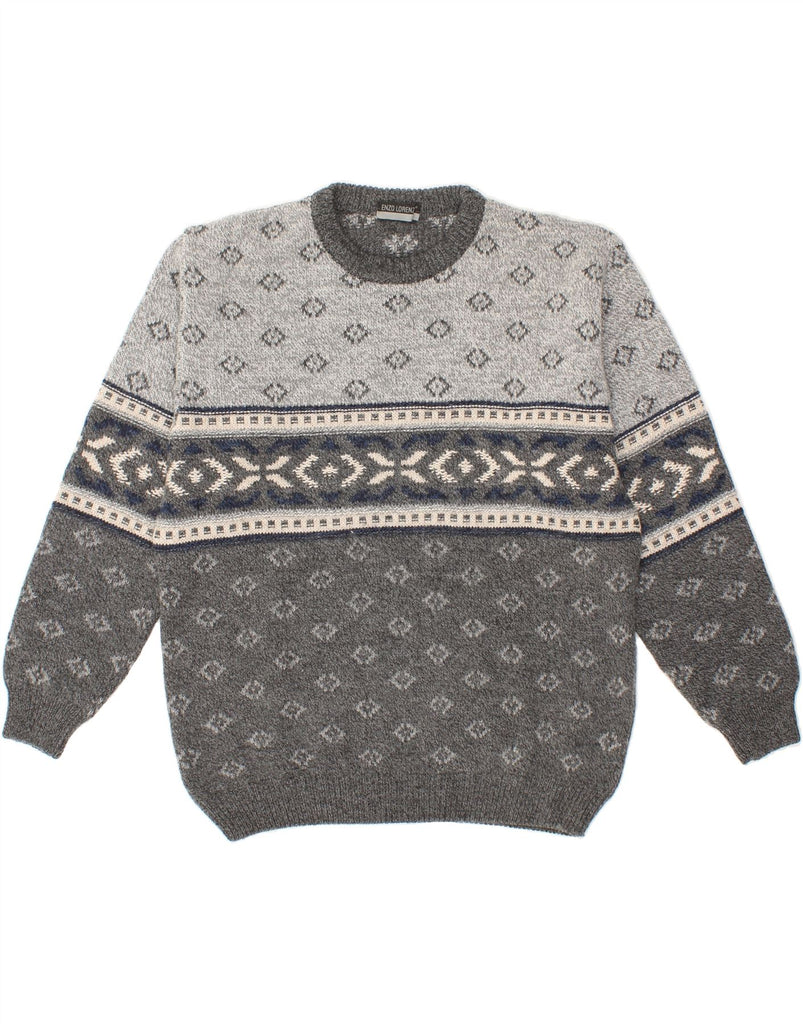 ENZO LORENZO Mens Crew Neck Jumper Sweater IT 52 Large Grey Fair Isle Wool Vintage Enzo Lorenzo and Second-Hand Enzo Lorenzo from Messina Hembry 