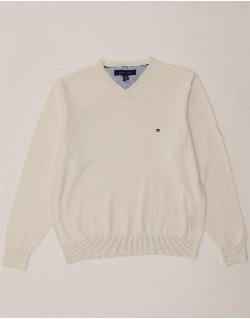 TOMMY HILFIGER Womens V-Neck Jumper Sweater UK 10 Small White Cotton Vintage Tommy Hilfiger and Second-Hand Tommy Hilfiger from Messina Hembry 