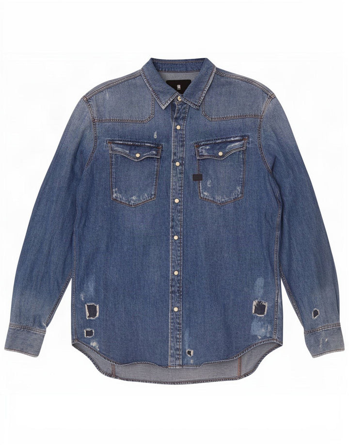 G-Star Mens Distressed Denim Shirt Large Blue Cotton