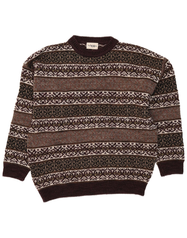 NANI BON Mens Crew Neck Jumper Sweater Large Brown Fair Isle Wool