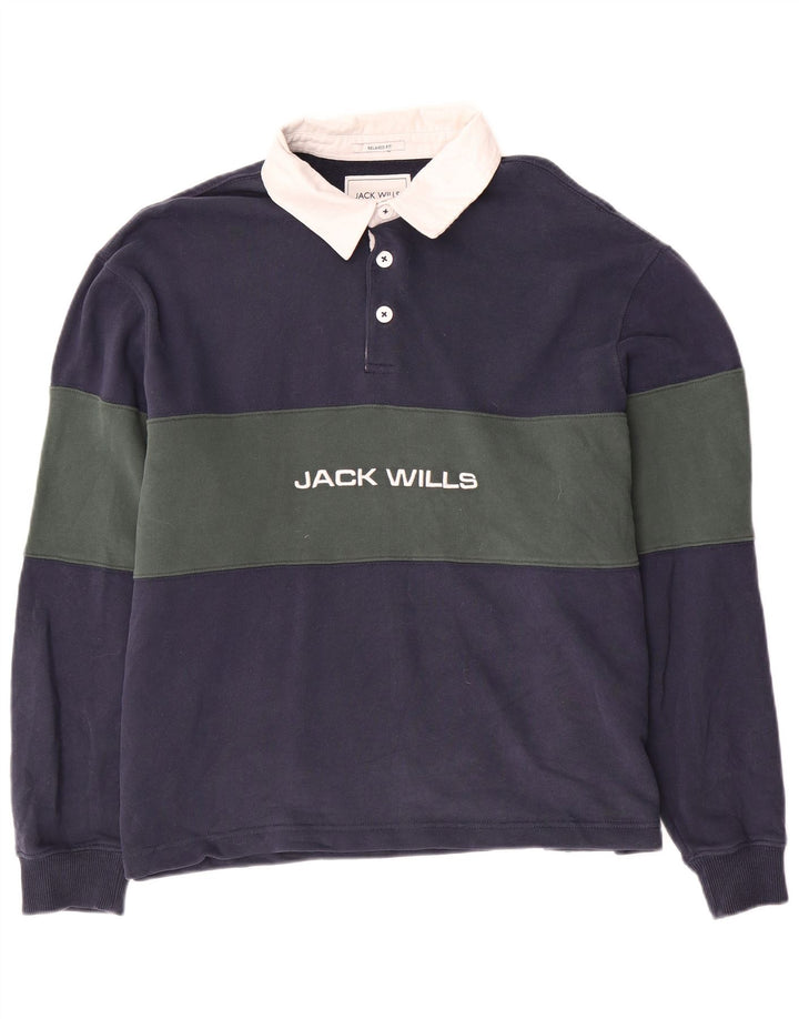 JACK WILLS Mens Graphic Rugby Polo Shirt XL Navy Blue Colourblock
