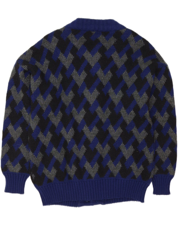 Vintage Mens Cardigan Sweater IT 52 Large Navy Blue Geometric Wool