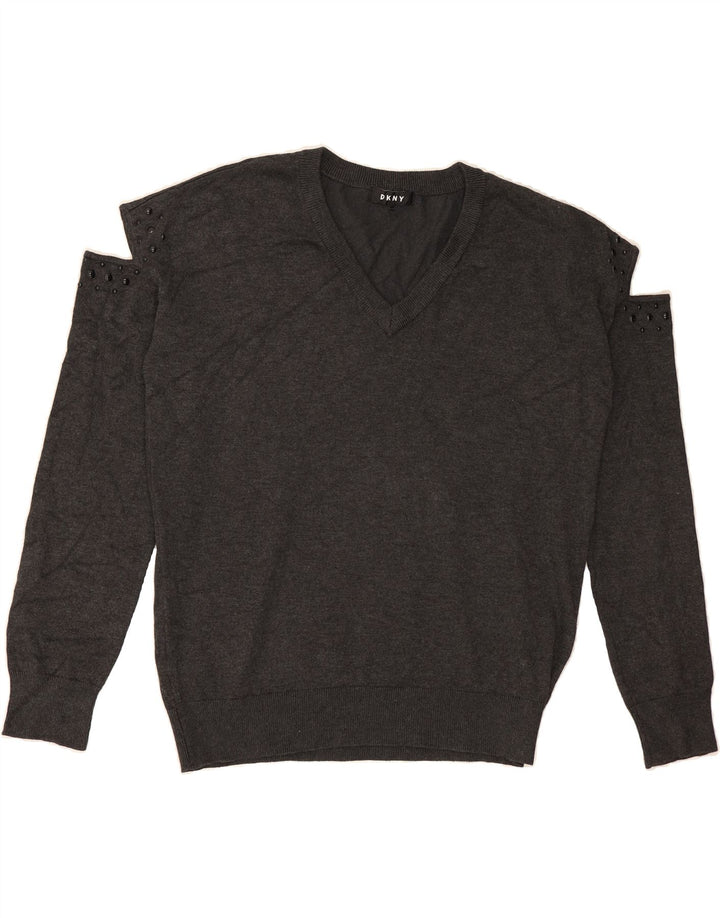 DKNY Womens V-Neck Jumper Sweater UK 14 Medium Grey Viscose Vintage Dkny and Second-Hand Dkny from Messina Hembry 