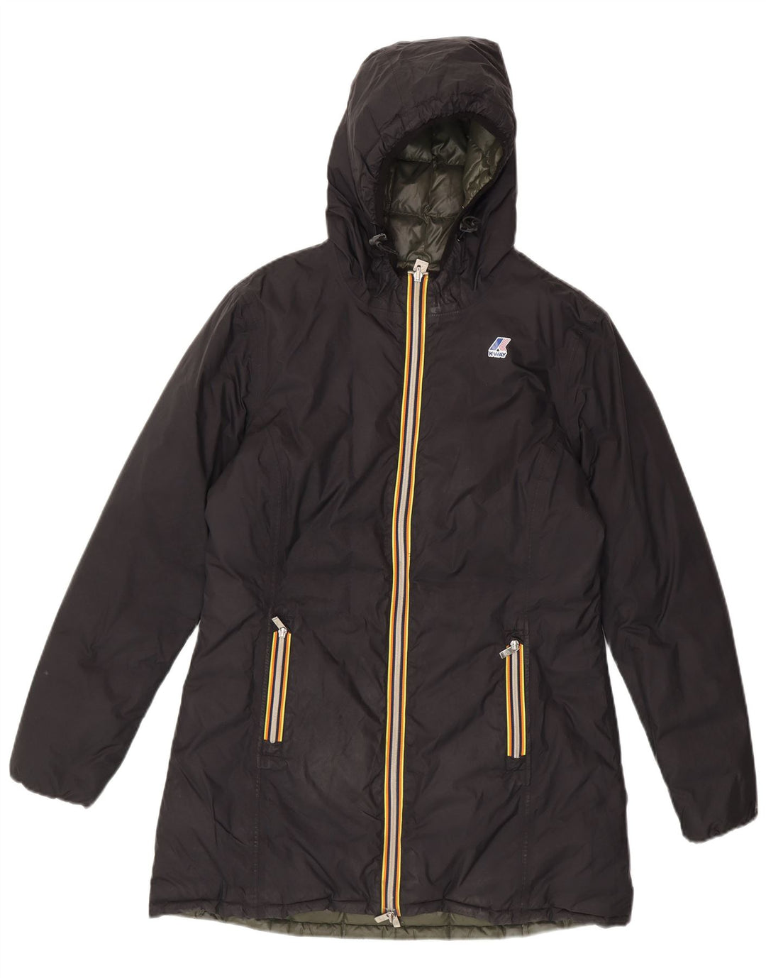 K-Way Womens Hooded Reversible Padded Coat US 6 Medium Black Colourblock
