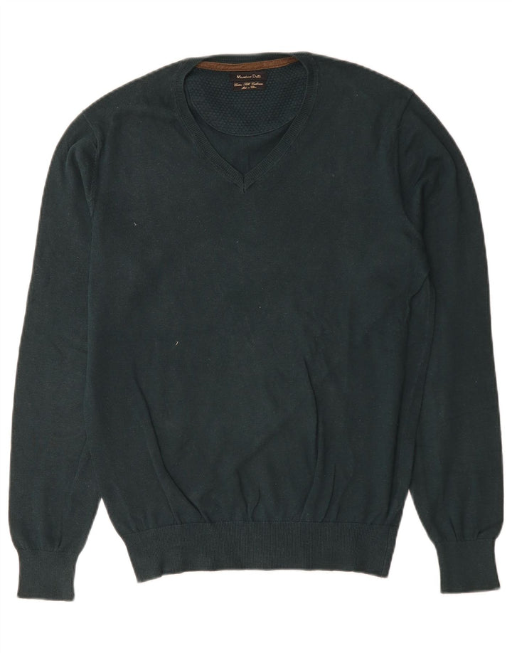 Massimo Dutti Mens V-Neck Jumper Sweater Small Green Cotton