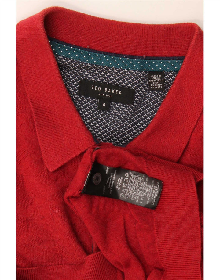 Ted Baker Mens Polo Neck Jumper Sweater Size 4 Large Red Geometric Cotton