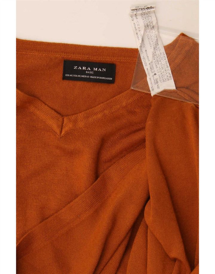 Zara Mens V-Neck Jumper Sweater Medium Orange Viscose