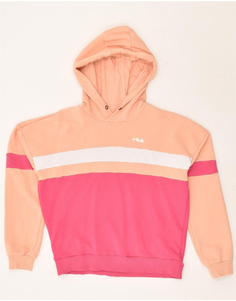 FILA Womens Graphic Hoodie Jumper UK 10 Small Pink Colourblock Cotton | Vintage Fila | Thrift | Second-Hand Fila | Used Clothing | Messina Hembry 