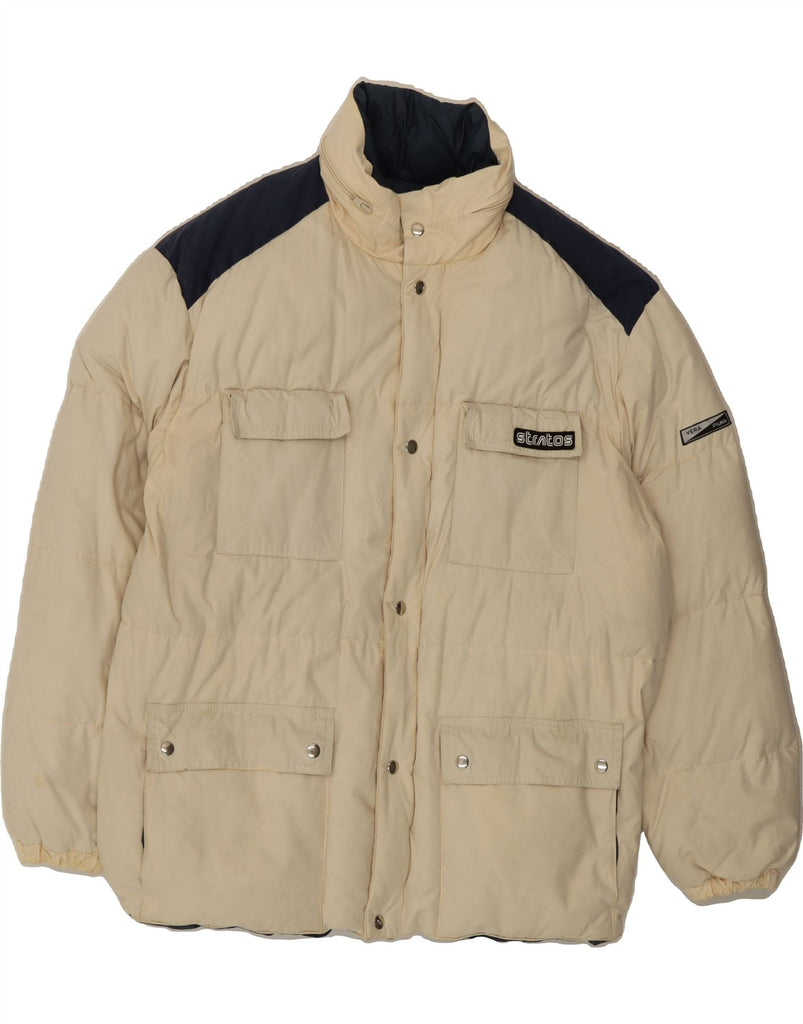STRATOS Mens Hooded Padded Jacket UK 42 XL Off White Colourblock Cotton Vintage Stratos and Second-Hand Stratos from Messina Hembry 