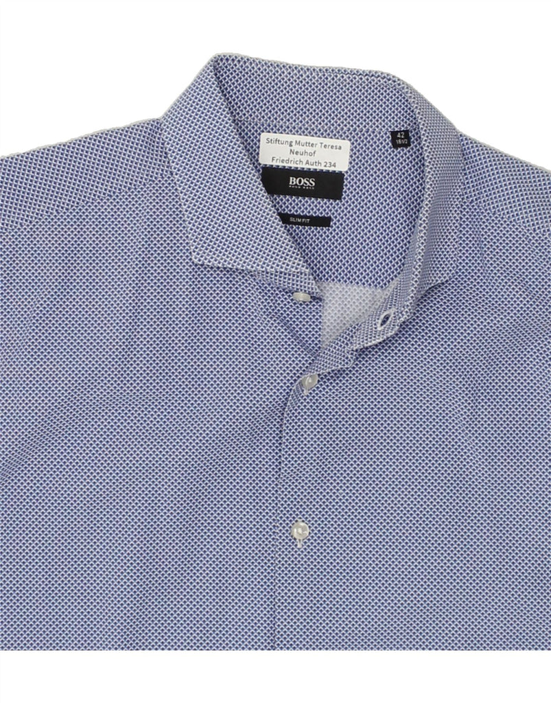 HUGO BOSS Mens Slim Fit Shirt Size 16 1/2  Large Blue Spotted Cotton | Vintage Hugo Boss | Thrift | Second-Hand Hugo Boss | Used Clothing | Messina Hembry 