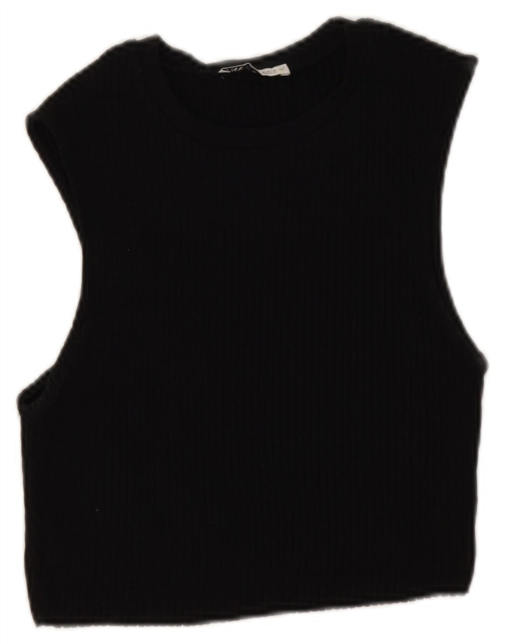Zara Womens Sleeveless Crop Top UK 12 Medium Black Cotton