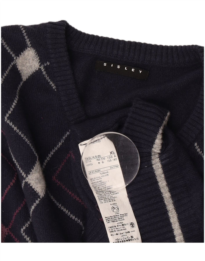 Sisley Mens V-Neck Jumper Sweater XL Navy Blue Argyle/Diamond Wool