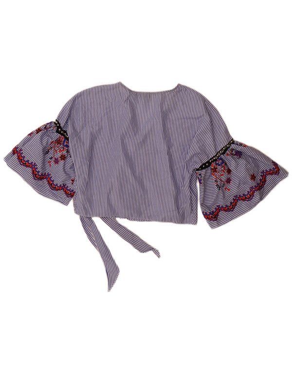 Topshop Womens Crop 3/4 Sleeve Wrap Shirt Blouse UK 14 Large Blue Striped