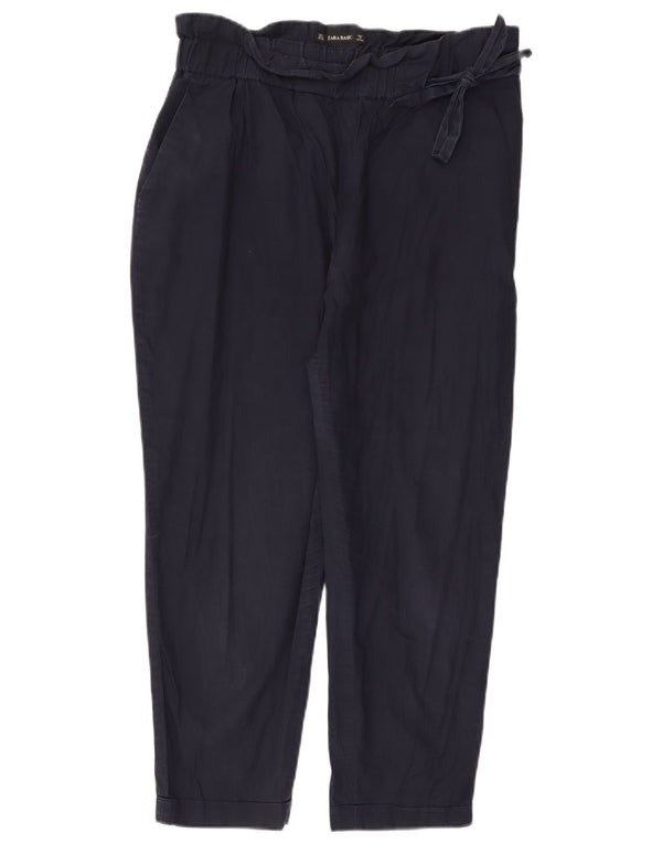 Zara Womens High Waist Tapered Cropped Trousers Large W30 L24 Navy Blue