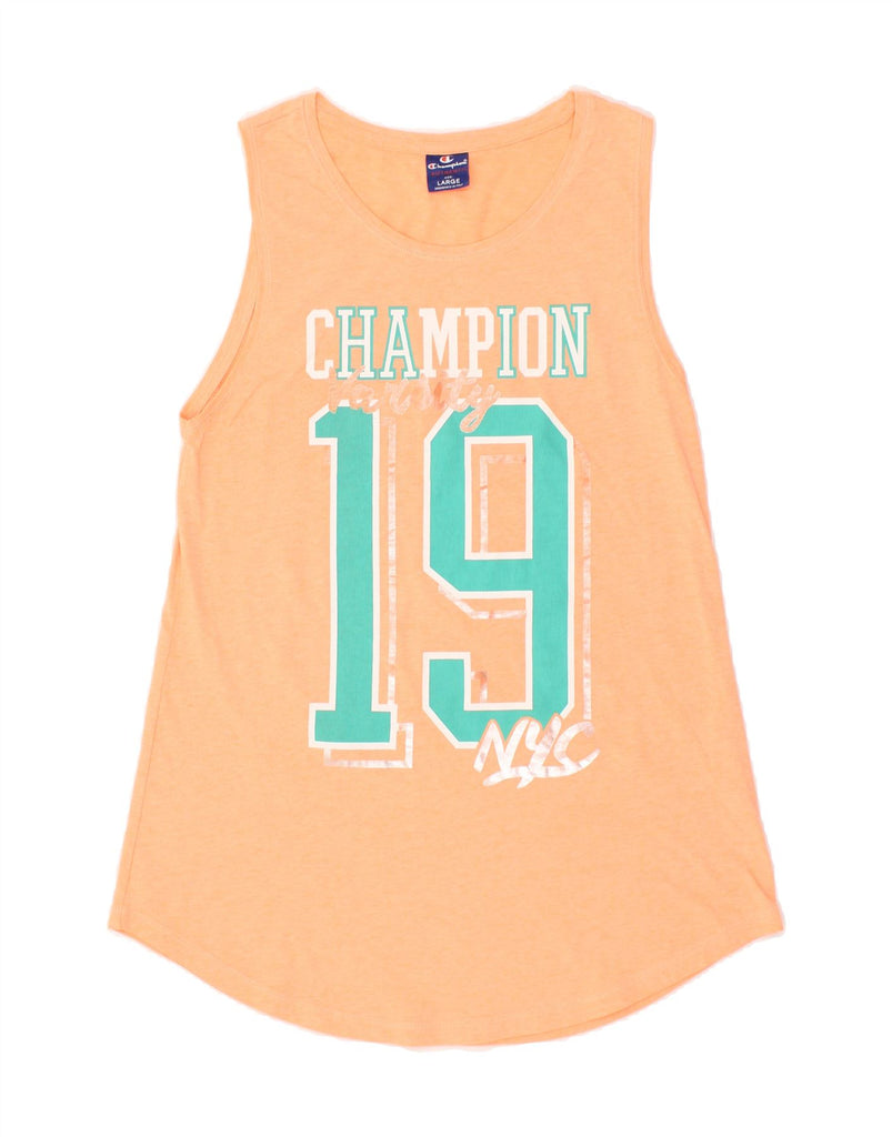 CHAMPION Womens Graphic Vest Top UK 14 Large Orange | Vintage Champion | Thrift | Second-Hand Champion | Used Clothing | Messina Hembry 