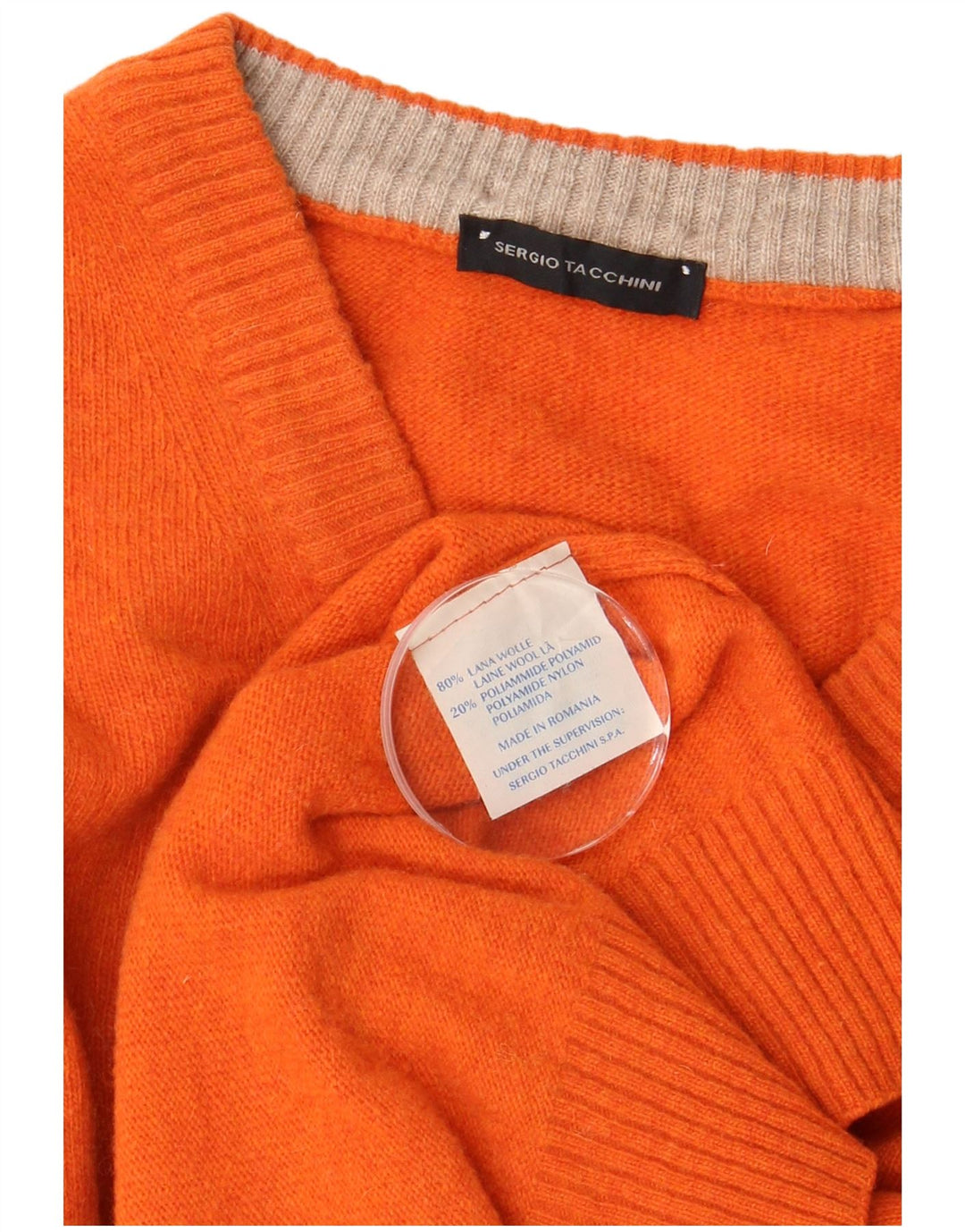 SERGIO TACCHINI Mens V-Neck Jumper Sweater Large Orange Wool