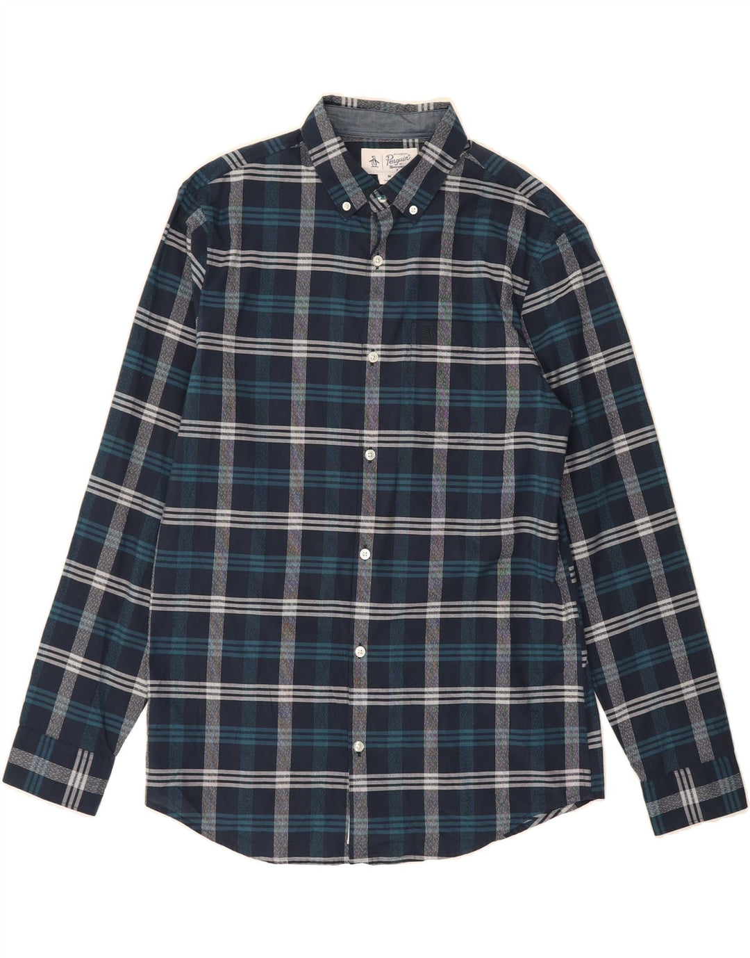 PENGUIN Mens Shirt Medium Navy Blue Check Cotton Vintage Penguin and Second-Hand Penguin from Messina Hembry 