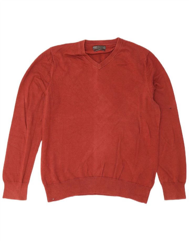Marks & Spencer Mens V-Neck Jumper Sweater Large Burgundy Cotton