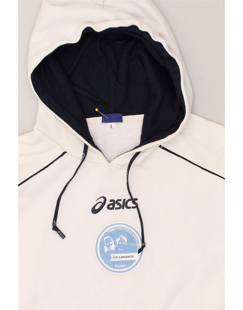 ASICS Womens Graphic Hoodie Jumper UK 16 Large White Cotton | Vintage Asics | Thrift | Second-Hand Asics | Used Clothing | Messina Hembry 