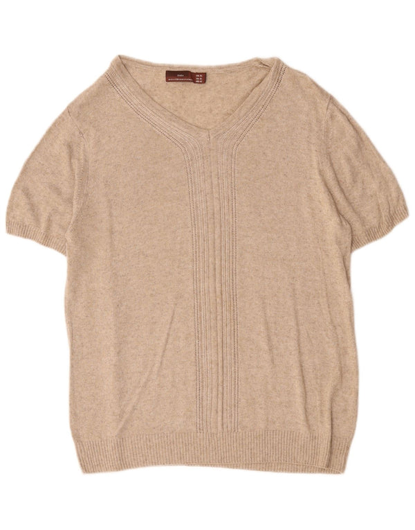 Zara Womens Short Sleeve V-Neck Jumper Sweater UK 18 XL Beige Flecked