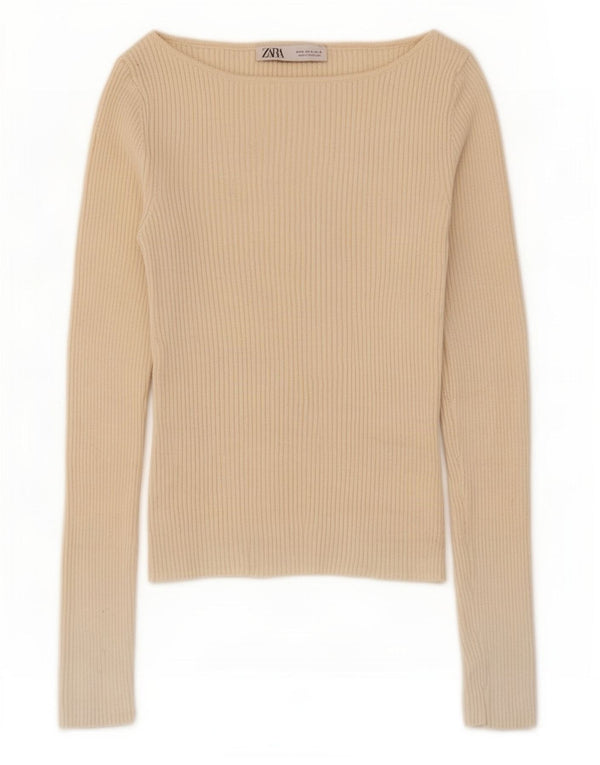 Zara Womens Crop Top Long Sleeve UK 12 Medium Beige Viscose