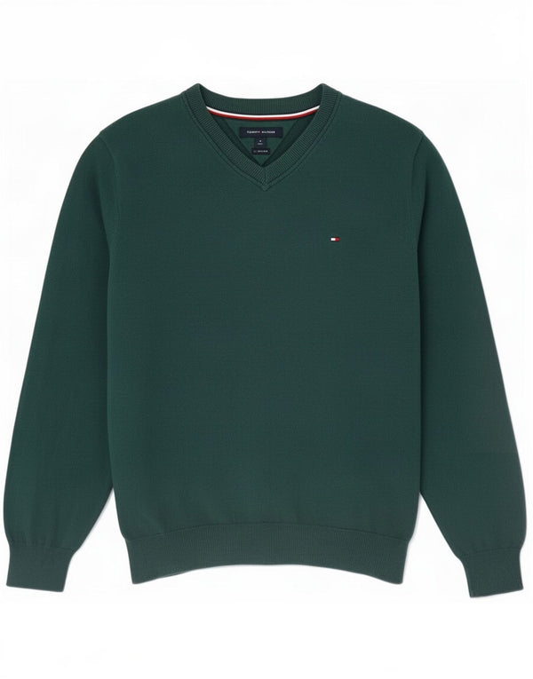 Tommy Hilfiger Mens V-Neck Jumper Sweater Medium Green Cotton