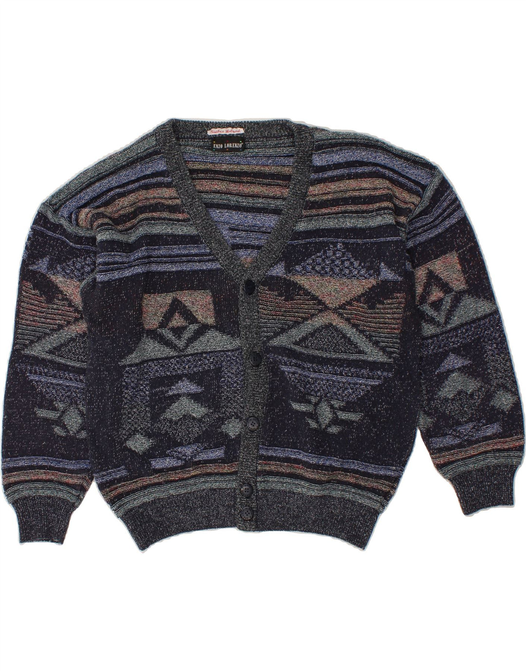 ENZO LORENZO Mens Cardigan Sweater Large Navy Blue Geometric