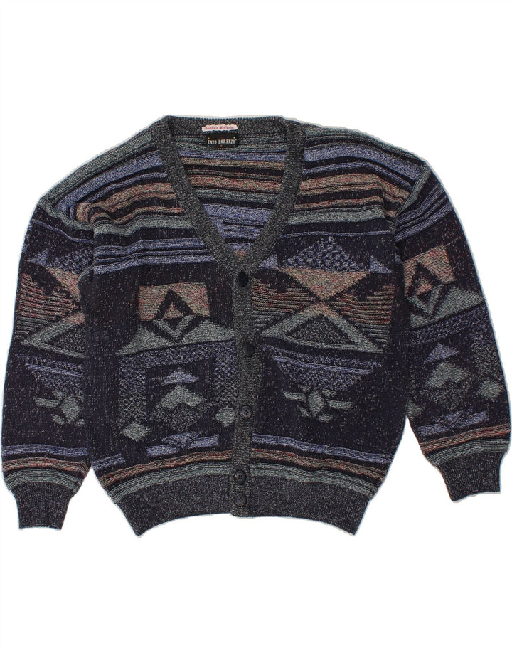 ENZO LORENZO Mens Cardigan Sweater Large Navy Blue Geometric