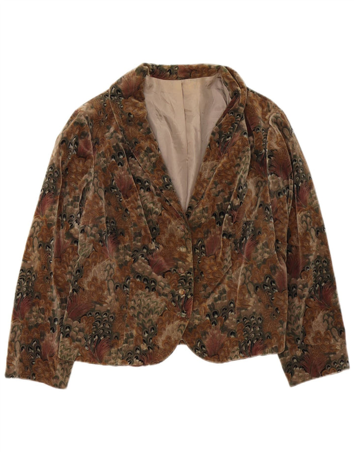 Vintage Womens Velvet 4 Button Blazer Jacket UK 14 Medium Brown Floral