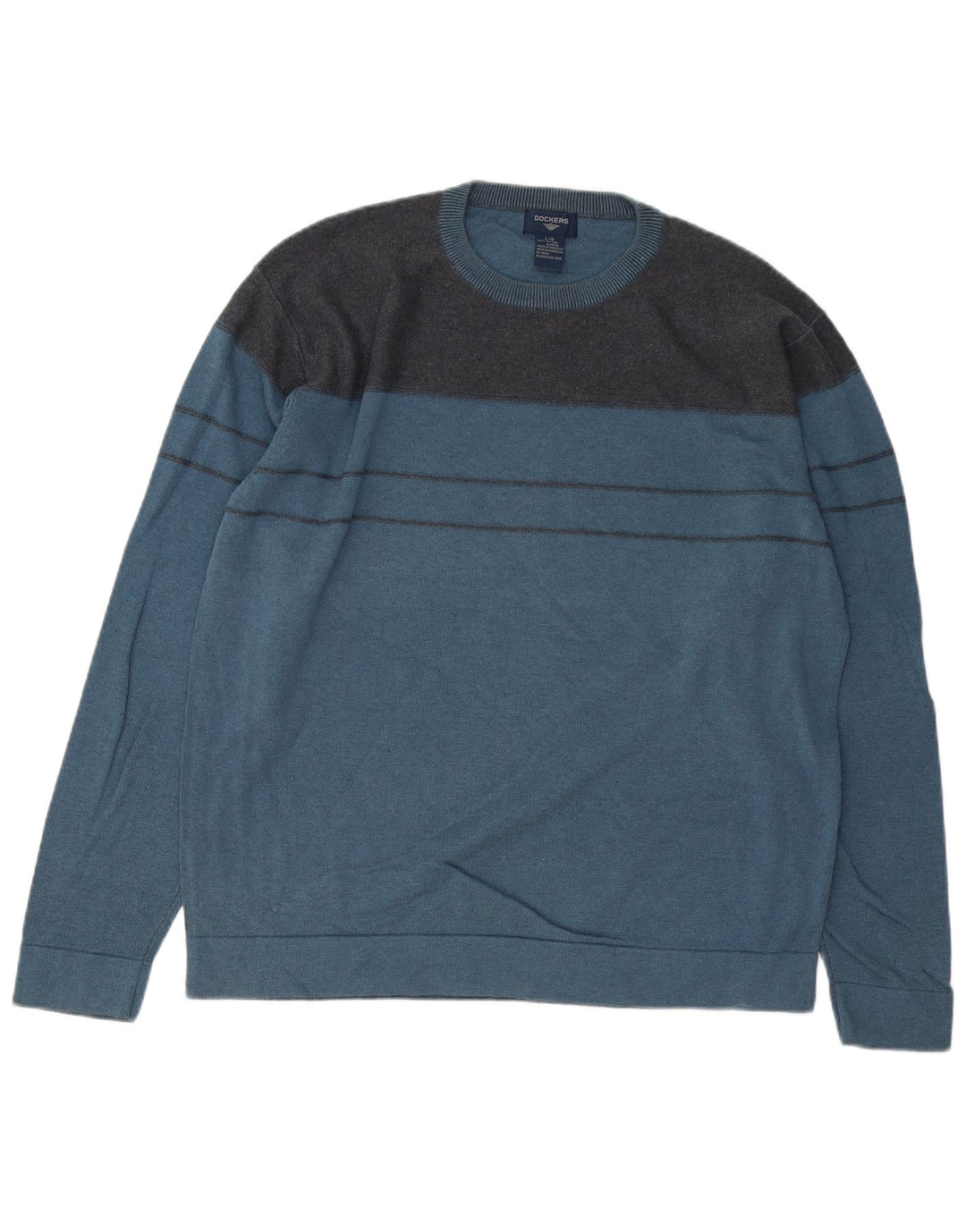 DOCKERS Mens Crew Neck Jumper Sweater Large Blue Colourblock Cotton