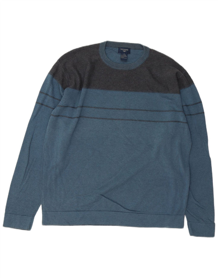 DOCKERS Mens Crew Neck Jumper Sweater Large Blue Colourblock Cotton