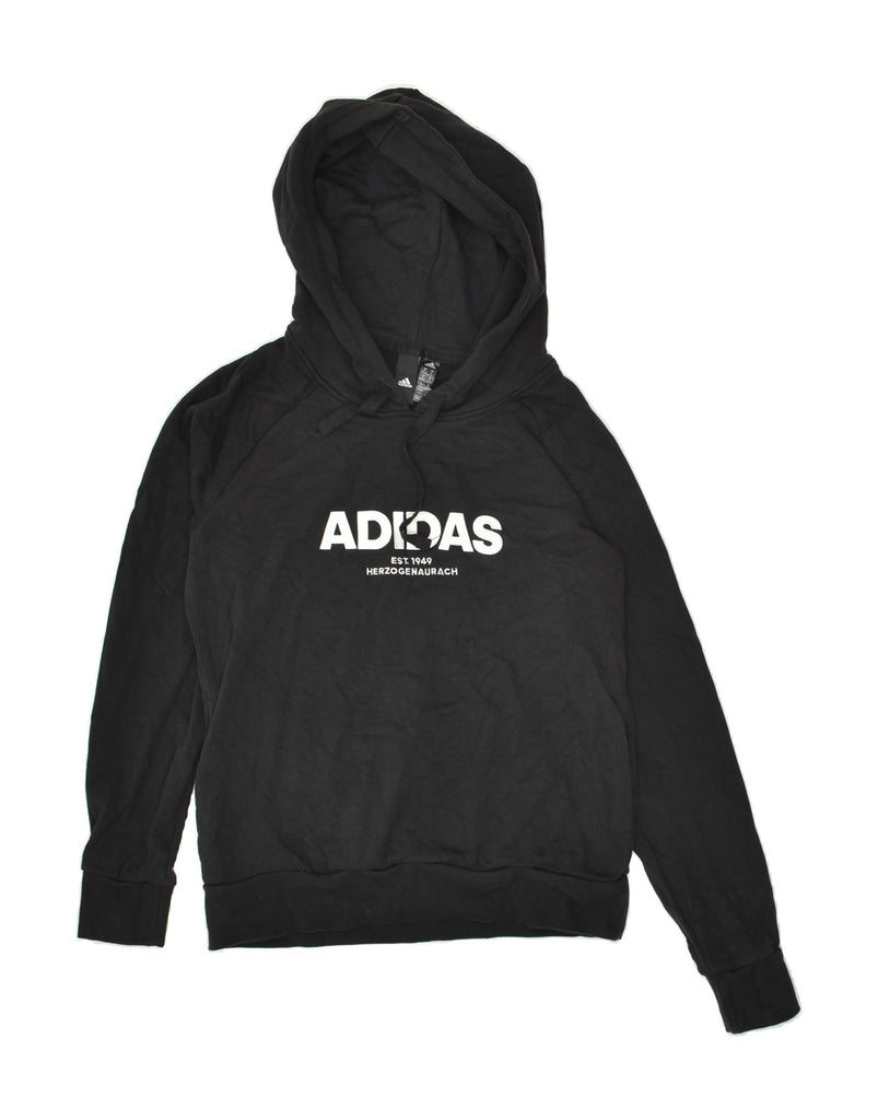 ADIDAS Womens Graphic Hoodie Jumper UK 12/14 Medium Black Cotton | Vintage Adidas | Thrift | Second-Hand Adidas | Used Clothing | Messina Hembry 