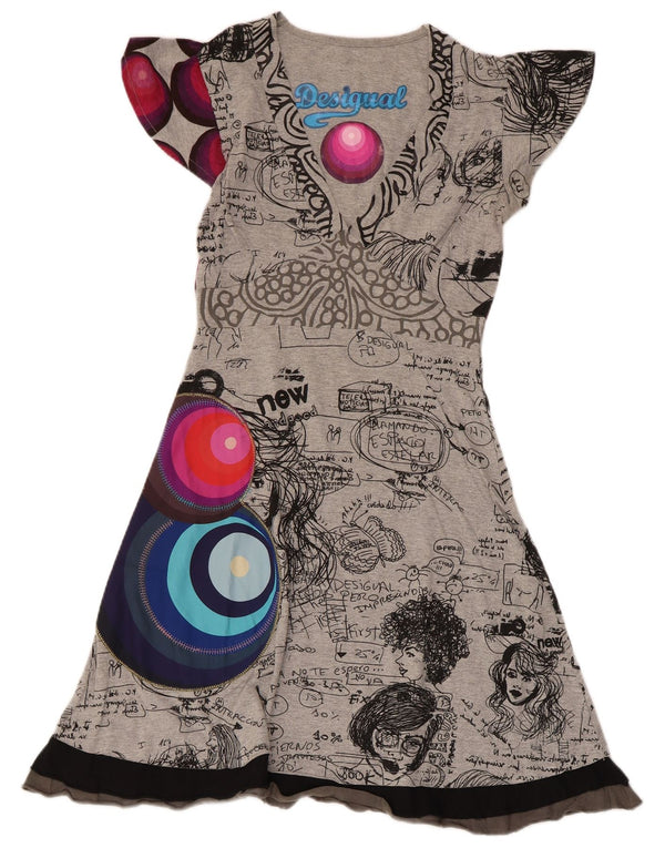 Desigual Womens Graphic A-Line Dress UK 8 Small Grey Cotton
