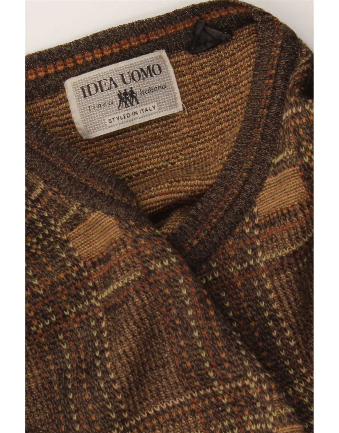 Vintage Mens Crew Neck Jumper Sweater Large Brown Check