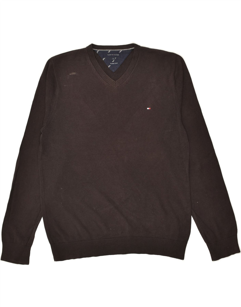 TOMMY HILFIGER Mens V-Neck Jumper Sweater Medium Brown Cotton | Vintage Tommy Hilfiger | Thrift | Second-Hand Tommy Hilfiger | Used Clothing | Messina Hembry 