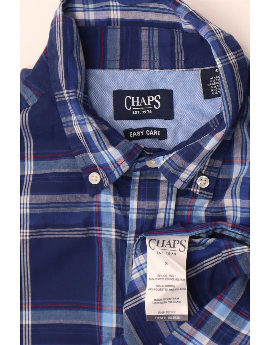 Chaps Mens Easy Care Short Sleeve Shirt Small Navy Blue Plaid Cotton
