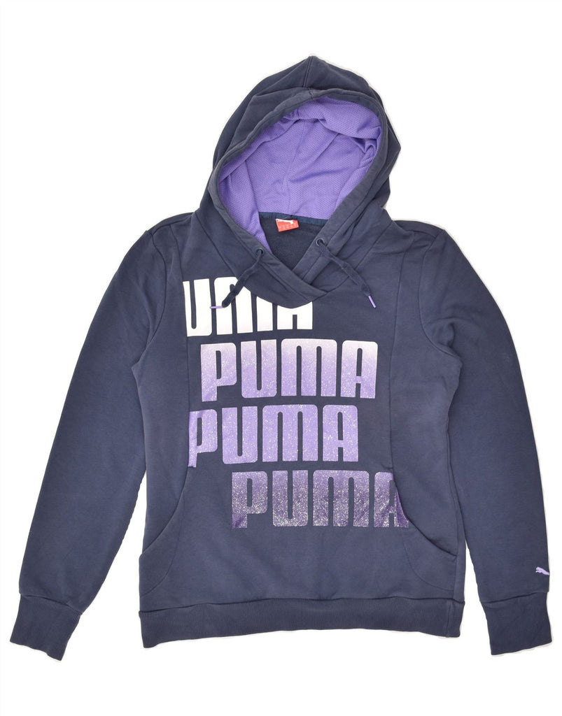 PUMA Womens Graphic Hoodie Jumper UK 14 Large Navy Blue Cotton | Vintage Puma | Thrift | Second-Hand Puma | Used Clothing | Messina Hembry 