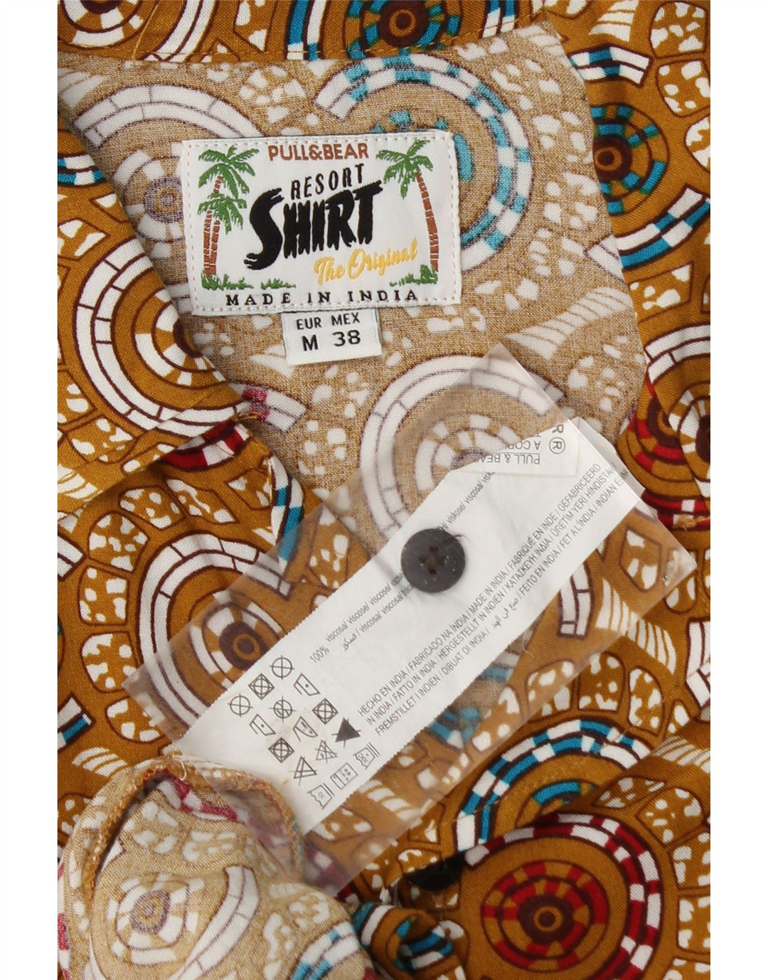Pull & Bear Mens Short Sleeve Shirt Medium Beige Geometric Viscose