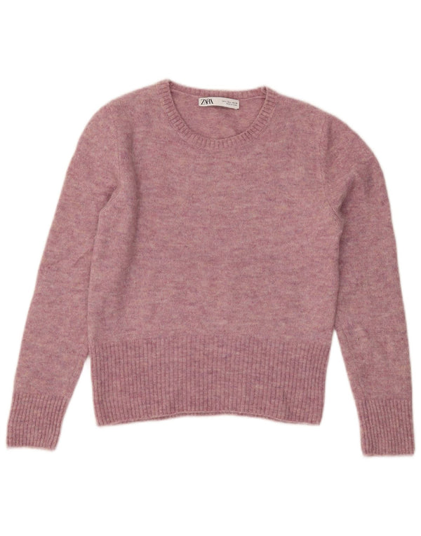 Zara Womens Crop Crew Neck Jumper Sweater UK 14 Large Pink Nylon